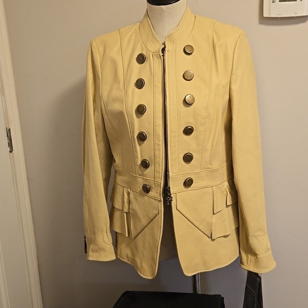 Pamela McCoy Pale Yellow Military-Style Leather Jacket